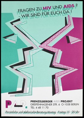 The faces of two people outlined in a green and a pink jagged line with the message"Questions about HIV and AIDS? We are there for you!"; advertising the advice services of the Prenzelberger AIDS Project. Colour lithograph by Futura Design.