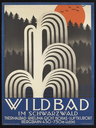 Water-fountains, the Black Forest, and a red sunset, representing the health resort Wildbad im Schwarzwald (Baden-Württemberg). Colour lithograph after A. Fischinger, 192-.