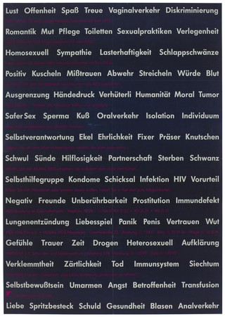 Sexual-related words from 'Lust' to 'Analverkehr' (anal traffic) against a black background with a series of statements in pink about how you can and can't get AIDS; with a list of AIDS advice centres available in Kiel; an advertisement for World AIDS Day on 1 December by Landeshauptstadt Kiel. Colour lithograph.