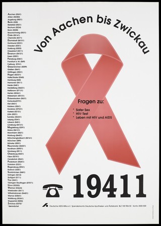 The AIDS red ribbon with a list of AIDS helplines available in Germany; an advertisement by Deutsche AIDS-Hilfe e.V. Colour lithograph by Lucy Rüttgers.