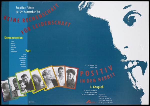 A face with a tongue hanging out lit from the right with a series of smaller photographs of men and women in changing coloured borders; advertising a congress for people living with HIV and AIDS. Colour lithograph by Norbert Heuler and Detlev Pusch, 1990.