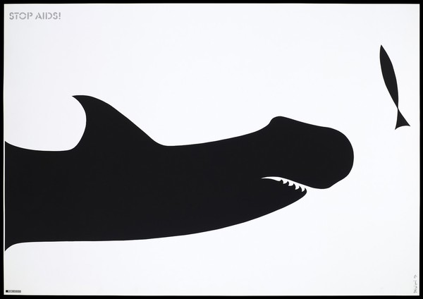 A shark chasing a small fish; a 'Stop AIDS' advertisement. Lithograph by L. Drewinski, 1997.