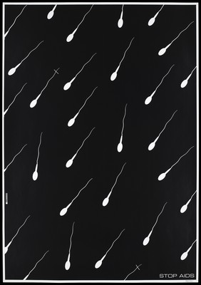 White spermatozoa swimming down, two with their tales crossed against a black background; a 'Stop AIDS' advertisement. Lithograph by L. Drewinski, 1997.