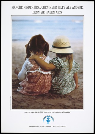 Two girls sitting in floral dresses on a beach, representing children with AIDS. Colour lithograph by Chris Taylor and HDM Eggert for Kinder-AIDS-Hilfe Deutschland e.V.