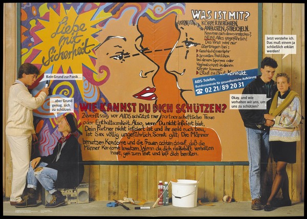 Four young people next to a big poster providing safe sex advice, and discussing its message. Colour lithograph, 1988.