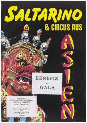 A red and gold decorated head with an open mouth adorned with skeletons wearing crowns representing an advertisement for Saltarino, an asian circus AIDS gala in support of children and families affected by AIDS and HIV; organised by the AIDS-Forum e.V. Colour lithograph.