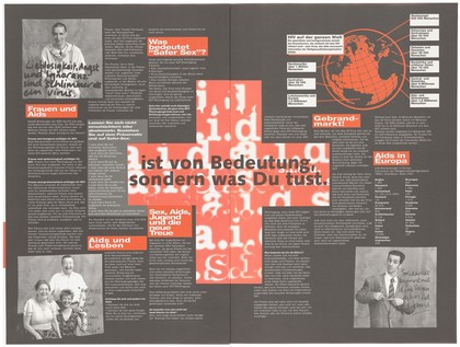 Advice on AIDS and where to get help, HIV statistics in Europe, and quotations from celebrities. Colour lithograph by Pierre Matthey in cooperation with PWA (People With AIDS) Schweiz.