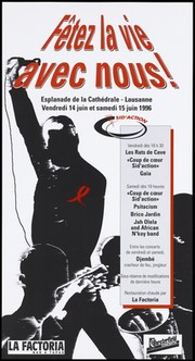 The black silhouette of a singer bearing the AIDS red ribbon and holding up a microphone in the air with silhouette musicians in the foreground; advertising an AIDS benefit concert at the Cathedral Esplanade in Lausanne on 14-15 June 1996 to support SID'Action. Colour lithograph.