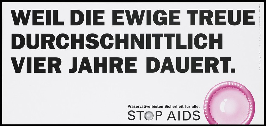 A warning about safe sex in German with a pink condom; one of a series of 'Stop AIDS' campaign posters by the Federal Office of Public Health. Colour lithograph.