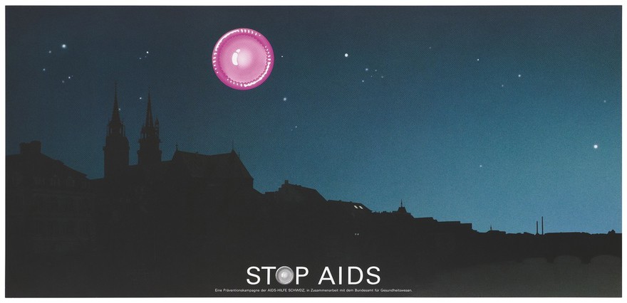 Basel by night with a pink condom as the moon. Colour lithograph by the Federal Office of Public Health.