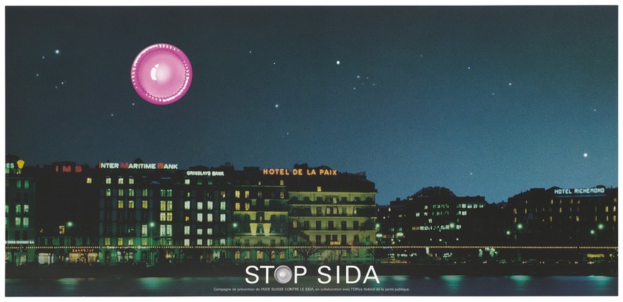 Geneva by night, with a pink condom as the moon. Colour lithograph by Aide Suisse contre le SIDA , in collaboration with the Federal Office of Public Health.