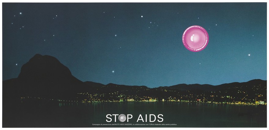 Lugano by night with a pink condom as the moon. Colour lithograph by Aiuto AIDS Svizzero in collaboration with the Federal Office of Public Health.