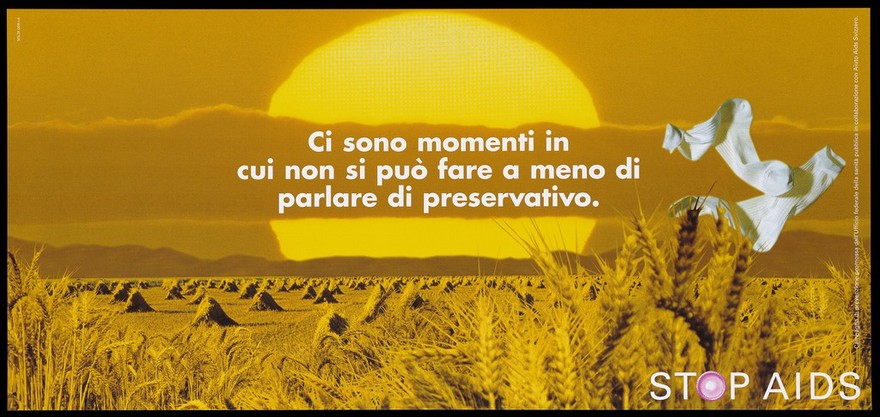 Bales of wheat in a yellow field with a pair of white socks floating against a yellow sunset representing an advertisement for safe sex; Italian version of a series of Stop AIDS campaign posters by the Federal Office of Public Health, in collaboration with the AIUTO AIDS Svizzero. Colour lithograph.