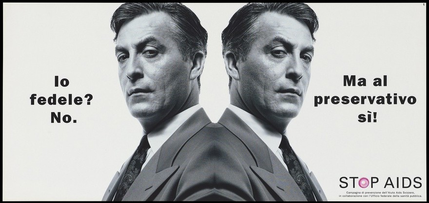 A mirror image of a man in a suit with a message in Italian about how he was not faithful [in relationships] but is to the condom; one of a series of safe sex posters from a 'Stop AIDS' campaign by the AIUTO AIDS Svizzero in collaboration with the Federal Office of Public Health. Colour lithograph.