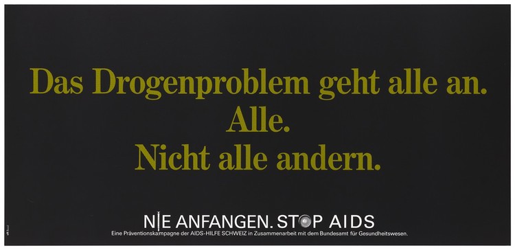 A message in German that drug problems concern everyone; one of a series of posters from a 'Stop AIDS' campaign by the AIDS-Hilfe Schweiz in collaboration with the Office of Federal Health. Colour lithograph.