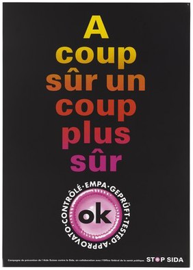 Advertisement for safe sex bearing the trademark 'OK' quality seal awarded to brand condoms and the words 'surely a safer blow' in French; one of a series of 'Stop SIDA' [Stop AIDS] campaign posters by the l'Aide Suisse contre le SIDA, in collaboration with the Federal Office of Public Health. Colour lithograph.