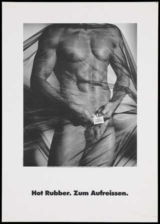 The body of a naked man covered in a transparent veil holding a condom packet bearing the logo of The Hot Rubber Company near his genitals; a safe sex advertisement by the Hot Rubber Company Deutschland, [a department of the Deutschen AIDS-Hilfe e.V]. Lithograph by Vincent von Ballmoos.