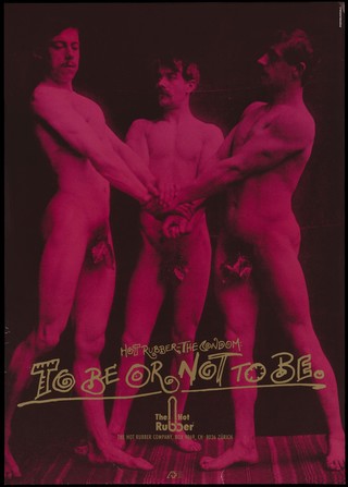 Three pink naked men stand holding their hands together with leaves covering their genitals; advertising The Hot Rubber Company (Zürich), makers of condoms. Colour lithograph by Pfeffer und Salz, ca. 1992.