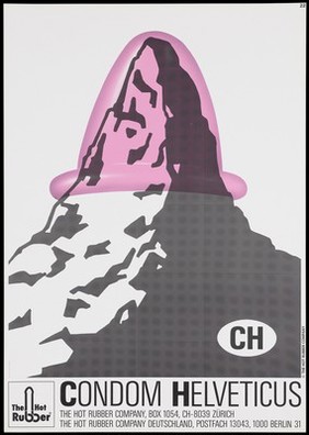The Matterhorn wearing a pink condom; a safe sex advertisement for condoms produced by The Hot Rubber Company (Zürich). Colour lithograph.