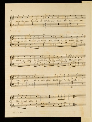 Morison's Pills : the wonderful power of the pills exemplified showing the same person before and after having taken a dose : dedicated with profound respect to all true disciples of Esculapius, more especially to the Royal College of Physicians / by Pilula Rhubarbus, M.D., Professor of Phlebotomy to the Royal Islington abattoirs : sung by Mr. Fitzwilliam.