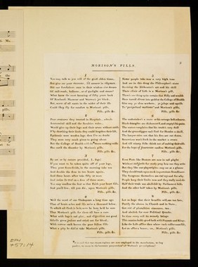 Morison's Pills : the wonderful power of the pills exemplified showing the same person before and after having taken a dose : dedicated with profound respect to all true disciples of Esculapius, more especially to the Royal College of Physicians / by Pilula Rhubarbus, M.D., Professor of Phlebotomy to the Royal Islington abattoirs : sung by Mr. Fitzwilliam.