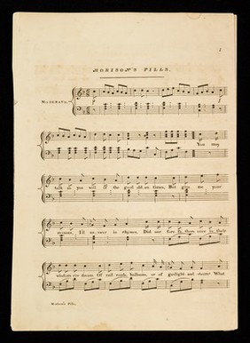 Morison's Pills : the wonderful power of the pills exemplified showing the same person before and after having taken a dose : dedicated with profound respect to all true disciples of Esculapius, more especially to the Royal College of Physicians / by Pilula Rhubarbus, M.D., Professor of Phlebotomy to the Royal Islington abattoirs : sung by Mr. Fitzwilliam.