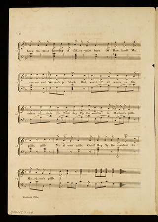 Morison's Pills : the wonderful power of the pills exemplified showing the same person before and after having taken a dose : dedicated with profound respect to all true disciples of Esculapius, more especially to the Royal College of Physicians / by Pilula Rhubarbus, M.D., Professor of Phlebotomy to the Royal Islington abattoirs : sung by Mr. Fitzwilliam.