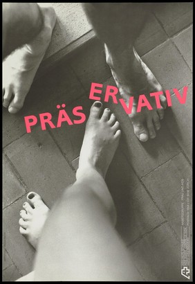 The feet of a man and woman standing on a tiled floor with the word 'Präservativ' (condom)across the centre in red; advertising safe sex. Colour lithograph by Ursula Knecht for AIDS-Hilfe Schweiz.