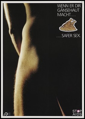 A naked man with goose-pimples (goose-flesh), represented by a cooked goose, with a safety pin, representing safe sex among gay men. Colour lithograph for AHS [AIDS-Hilfe Schweiz], ASS [AIDS Suisse Contre le SIDA] and AAS [Aiuto AIDS Svizzero].