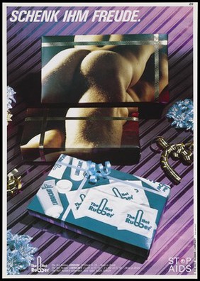 The naked bodies of two men with a box of condoms and lubricant; advertising safe sex with The Hot Rubber Company products. Colour lithograph.