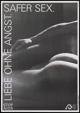 The bottom of a naked man lying down next to another man with his arm by his side and the message in German: 'love without fear'; an advertisement for safe sex by the AIDS-Hilfe Schweiz, AIDS Suisse Contre le SIDA and Aiuto AIDS Svizzero. Lithograph, [1990].