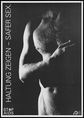 A naked man wearing a necklace with one hand on his chest and the message in German ''show posture'; an advertisement for safe sex by the AIDS-Hilfe Schweiz, AIDS Suisse Contre le SIDA and Aiuto AIDS Svizzero. Lithograph, 1990.