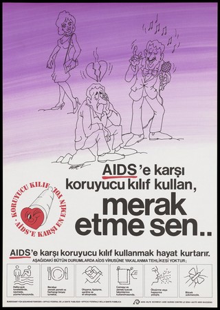 A man sits on a stone looking miserable as he looks up at a broken heart above his head; another man sings with a microphone as a woman holding a handbag looks back; with diagrams on how AIDS is not contracted; an advertisement for safe sex by the Office of Federal Health and Swiss AIDS Foundation. Colour lithograph by Birez [?].