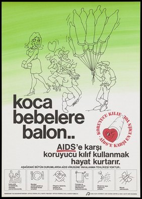 A man holding a bunch of condoms as balloons as another man with a heart above his head does a double take at a glamorous woman passing by above; with diagrams on how AIDS is not contracted along the bottom; an advertisement for safe sex by the OFfice of Federal Health and Swiss AIDS Foundation. Colour lithograph by Birez [?].