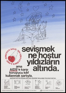 A couple hold hands at a table with a heart, stars and the moon above them; with diagrams on how AIDS is not contracted along the bottom; an advertisement for safe sex by the OFfice of Federal Health and Swiss AIDS Foundation. Colour lithograph by Birez.