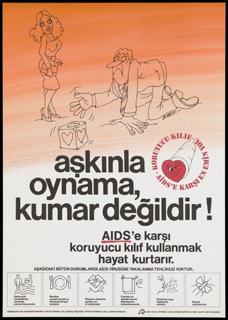 A man crawls on all fours towards a gambling dice bearing hearts as a glamorous woman holding a bag looks on; with diagrams on how AIDS is not contracted along the bottom; an advertisement for safe sex by the OFfice of Federal Health and Swiss AIDS Foundation. Colour lithograph by Birez.