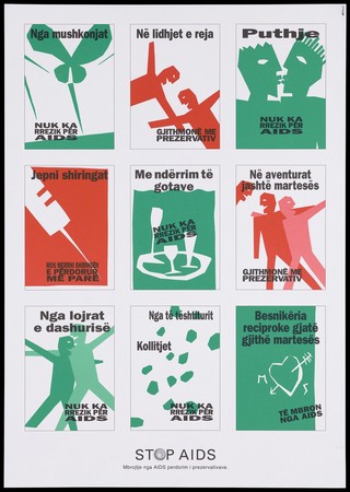Nine green and red diagrams with Albanian lettering on how AIDS is not transmitted including top right, an insect [bite] to bottom right a heart [for faithfulness in marriage]; one of a series of six posters from the Stop AIDS campaign. Colour lithograph.