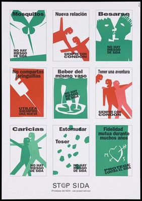 Nine green and red diagrams with Spanish lettering showing how AIDS is not transmitted including top right, an insect [bite] to bottom right a heart [for faithfulness in marriage]; one of a series of six posters from the Stop AIDS campaign. Colour lithograph.