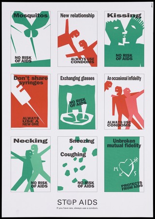 Nine green and red diagrams with English lettering showing how AIDS is not transmitted including top right, an insect [bite] to bottom right a heart [for faithfulness in marriage]; one of a series of six posters from the Stop AIDS campaign. Colour lithograph.