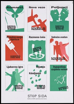 Nine green and red diagrams with Croatian lettering showing how AIDS is not transmitted including top right, an insect [bite] to bottom right a heart [for faithfulness in marriage]; one of a series of six posters from the Stop AIDS campaign. Colour lithograph.