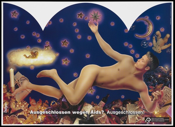 A naked man lies with his eyes closed with one foot touching a lit candle held by a golden cupid; he lies on his side floating above an array of gold gift-wrapped presents among other items with one arm raised towards a glowing gold star with a gold cloud bearing a cupid, a personified gold moon and a falling teddy bear; includes the message in German: 'excluded because of AIDS'; one of a series of posters by the AIDS-Hilfe Schweiz/Aide Suisse contre le SIDA/Aiuto AIDS Svizerro. Colour lithograph by Etienne Francey and Daniel Ammann.