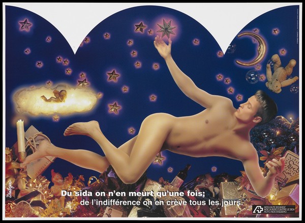 A naked man lies with his eyes closed with one foot touching a lit candle held by a golden cupid; he lies on his side floating above an array of gold gift-wrapped presents among other items with one arm raised towards a glowing gold star with a gold cloud bearing a cupid, a personified gold moon and a falling teddy bear; includes the message in French: 'AIDS is not dying once; we die of indifference every day'; one of a series of posters by the AIDS-Hilfe Schweiz/Aide Suisse contre le SIDA/Aiuto AIDS Svizerro. Colour lithograph by Etienne Francey and Daniel Ammann.