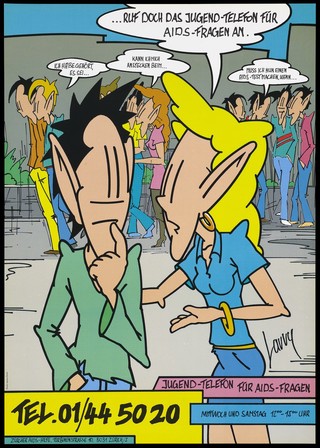 A woman in a blue shirt with blond hair talks to a man in a green shirt who raises his finger to his mouth as if in thought with speech bubbles; a crowd of men and women stand around in the background discussing AIDS issues; an advertisement for the 'Jugend-Telefon für AIDS-Fragen' [an AIDS helpline for youths] by AIDS-Hilfe Zürich (Zürcher). Colour lithograph by Larry.