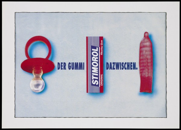 A baby's dummy (pacifier) and a condom beside a packet of Stimorol chewing gum representing useful products all made from 'rubber'; advertising condoms. Colour lithograph.