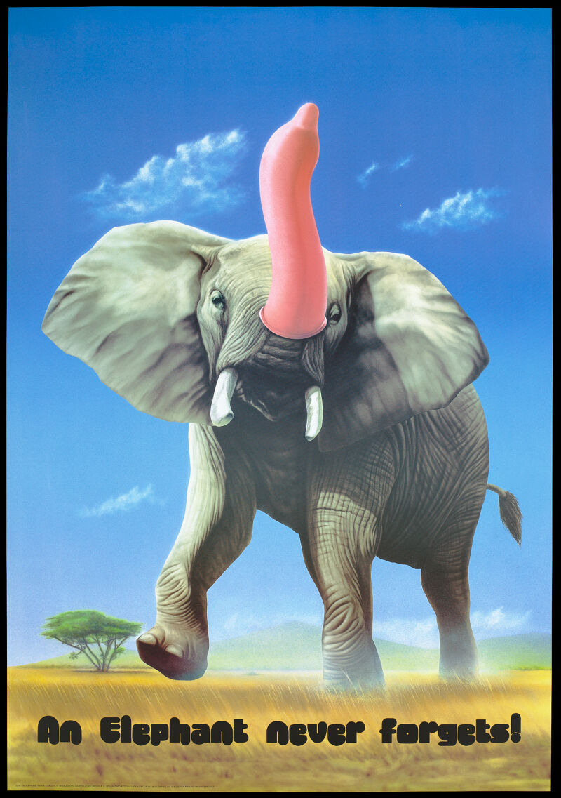 An elephant wearing a condom on its raised trunk runs across a desert;  advertising safe sex. Colour lithograph by M. Westrup for Wizard &  Genius-Idealdecor AG, 1993. | Wellcome Collection