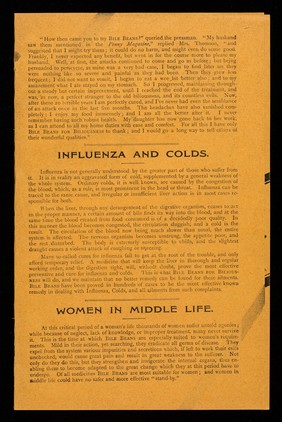 Bile Beans for biliousness : cure indigestion, headache, constipation, dyspepsia, piles and female ailments ...influenza, liver chill, colds, rheumatism, sciatica, gout and all liver troubles / The Bile Bean Manufacturing Co.