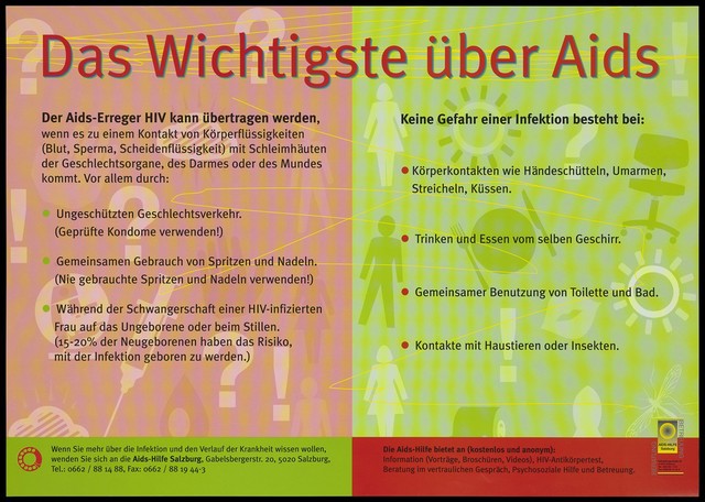 How AIDS can and cannot be transmitted; an advertisement by AIDS-Hilfe Salzburg. Colour lithograph.