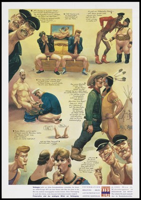 Numerous gay couples wearing condoms and commenting on their benefits in AIDS prevention. Colour lithograph for the Österreichische AIDS-Hilfe.