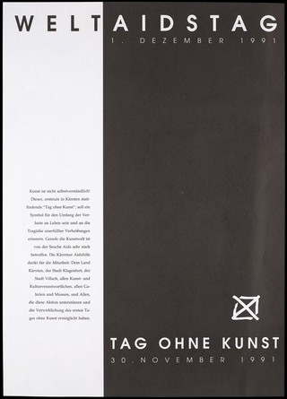 Advertisement for a "Day Without Art" on 30 November 1991, a symbol of the extent of loss of life and the tragedy of unfulfilled promises to commemorate World AIDS Day on 1 December 1991. Lithograph, 1991.