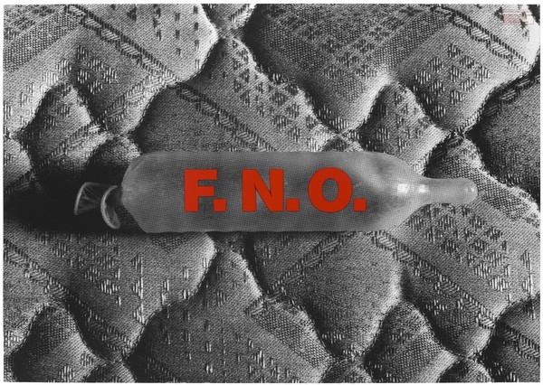 A blown up condom bearing the letters 'F.N.O.' on a textile background, an advertisement by the Real AIDS Grazer Kunst Verein. Colour lithograph by Matthias Herrmann, 1993.